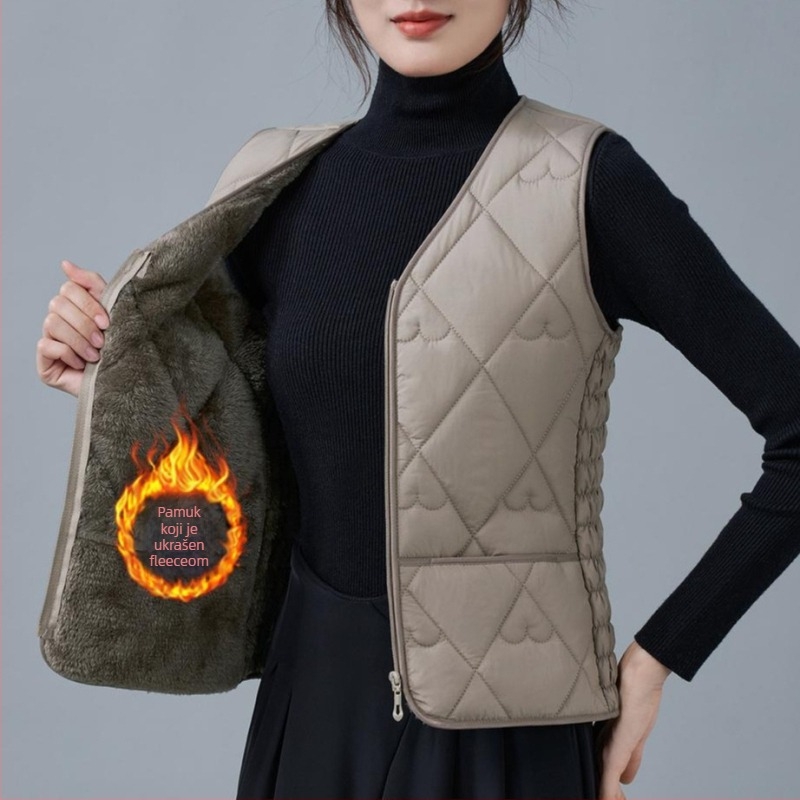 Ženska vesta od flisa i pamuka, uskog kroja, V-izrez, uzorci dijamantne mreže i točkice, punilo poliester, standardna duljina