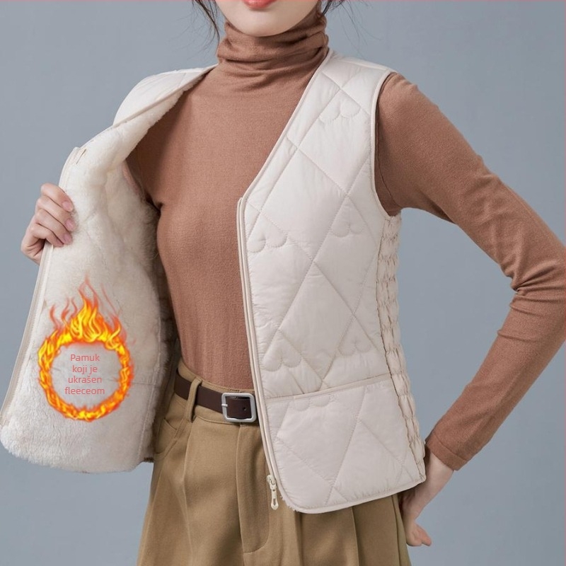 Ženska vesta od flisa i pamuka, uskog kroja, V-izrez, uzorci dijamantne mreže i točkice, punilo poliester, standardna duljina