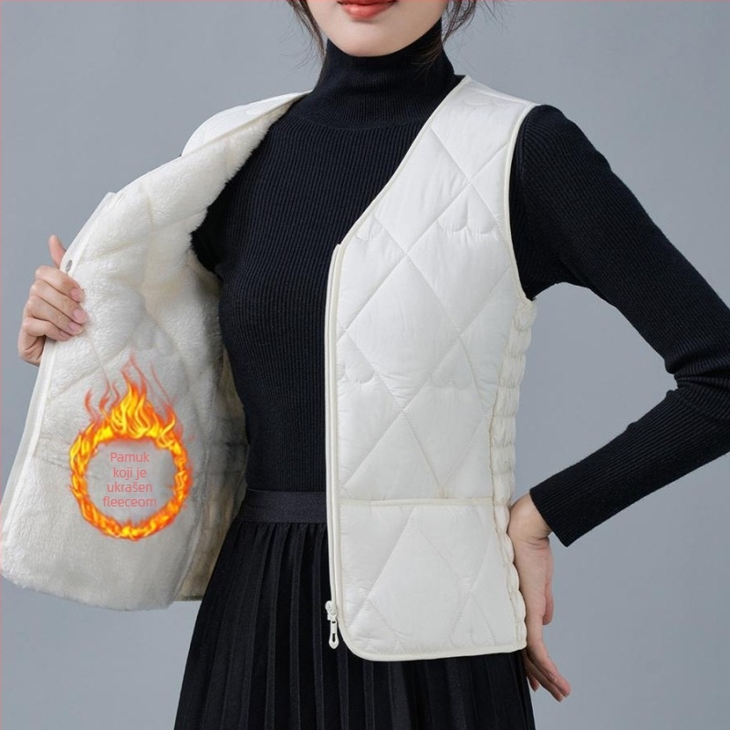 Ženska vesta od flisa i pamuka, uskog kroja, V-izrez, uzorci dijamantne mreže i točkice, punilo poliester, standardna duljina