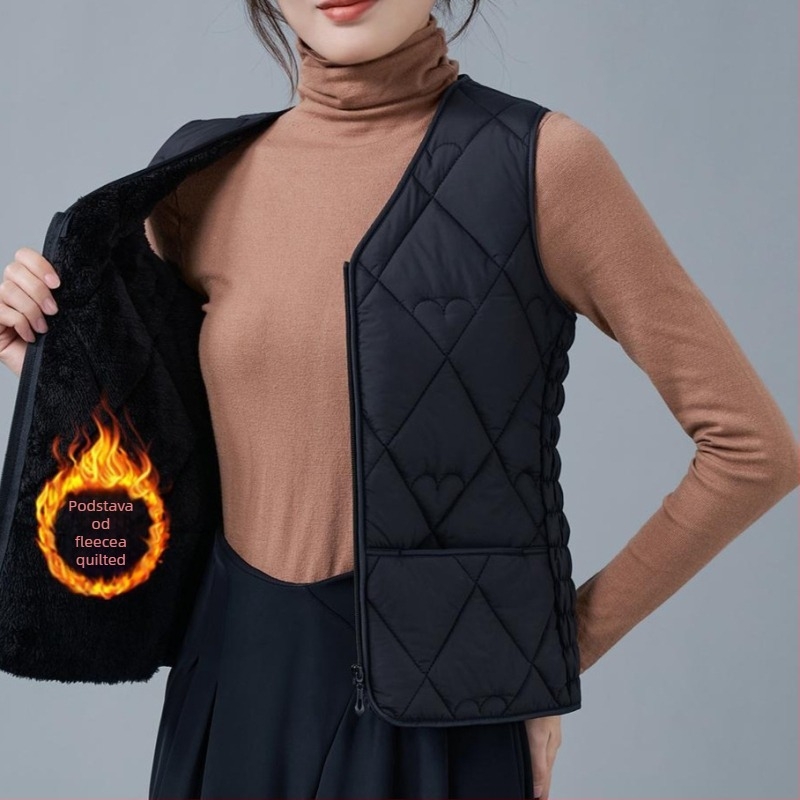 Ženska vesta od flisa i pamuka, uskog kroja, V-izrez, uzorci dijamantne mreže i točkice, punilo poliester, standardna duljina
