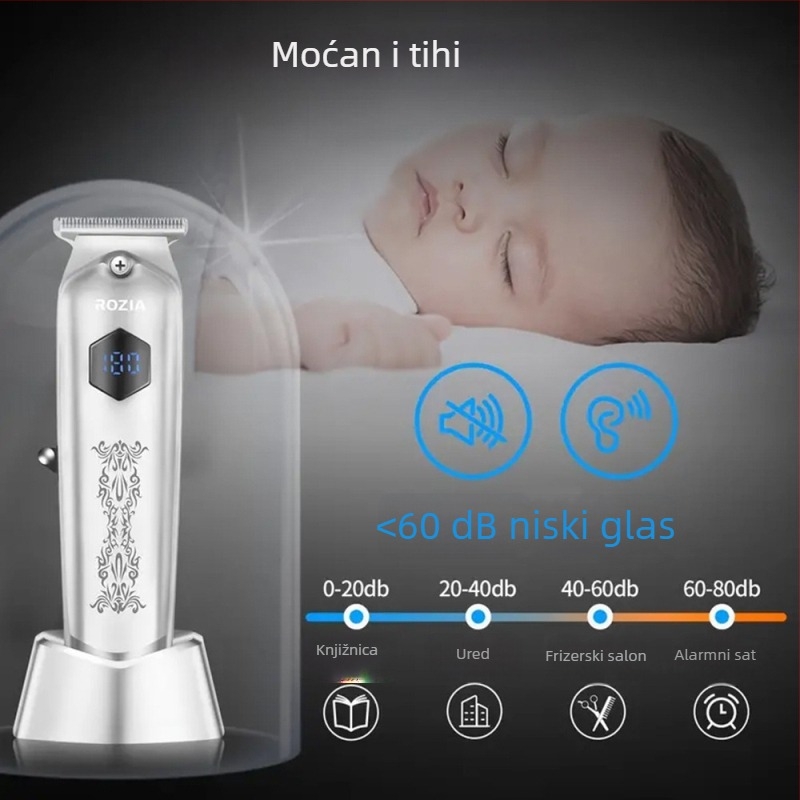 Profesionalna električna šišač kose – bežični, za kućnu i salonu upotrebu, motor s četkicom, noževi od nehrđajućeg čelika, ugrađena baterija 800–1000 mAh, trajanje rada 1–3 h