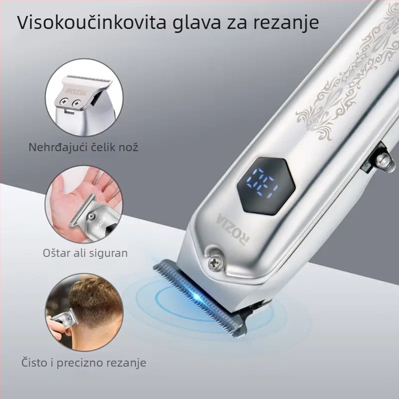 Profesionalna električna šišač kose – bežični, za kućnu i salonu upotrebu, motor s četkicom, noževi od nehrđajućeg čelika, ugrađena baterija 800–1000 mAh, trajanje rada 1–3 h