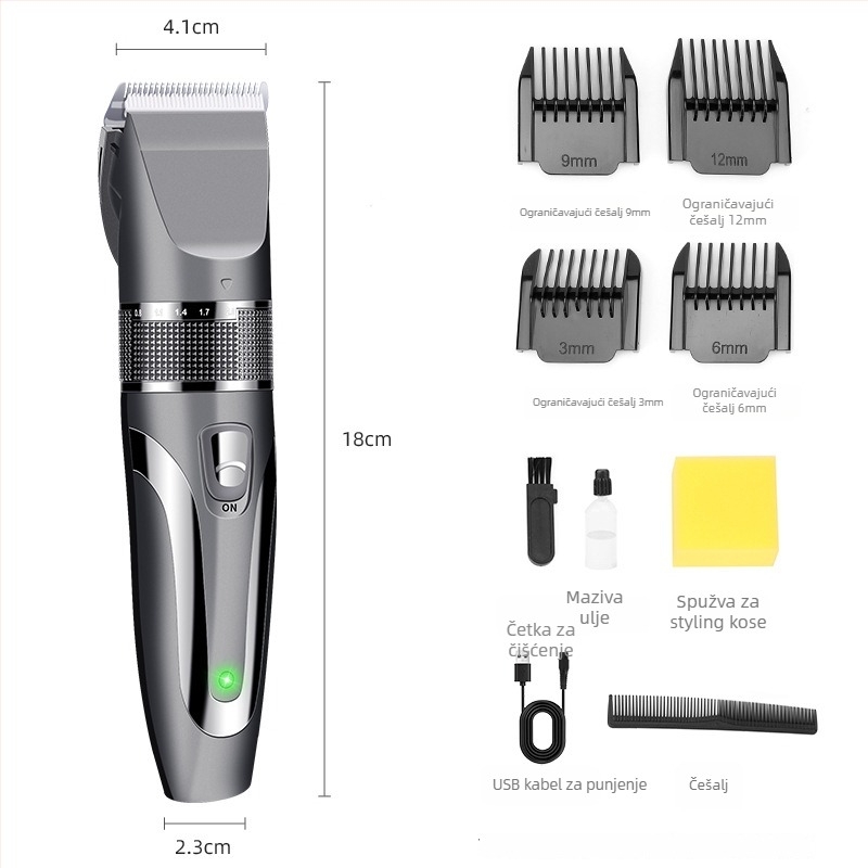 Bežični stroj za šišanje kose s keramičkom oštricom, ugrađena baterija 500-800 mAh, četkasti motor, niski šum (keramička oštrica, ugrađena baterija 500-800 mAh, bežični rad, četkasti motor, buka ispod 36 dB)