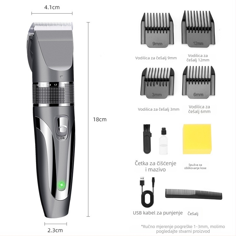 Bežični stroj za šišanje kose s keramičkom oštricom, ugrađena baterija 500-800 mAh, četkasti motor, niski šum (keramička oštrica, ugrađena baterija 500-800 mAh, bežični rad, četkasti motor, buka ispod 36 dB)