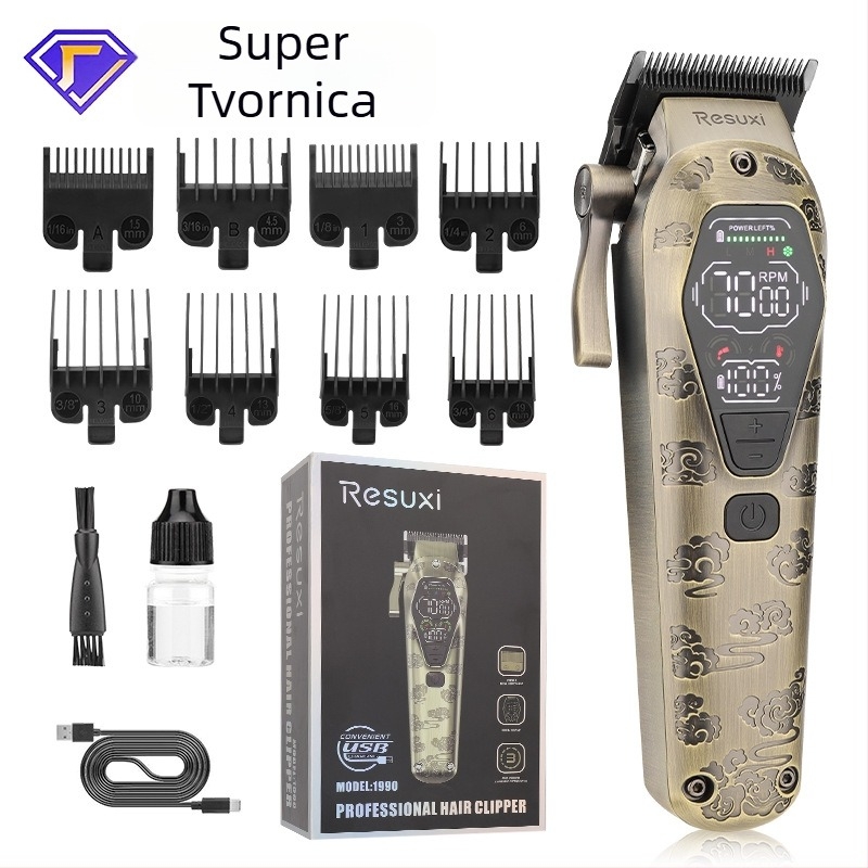 Resuxi električni šišač za kosu s glavom za rezanje od praškaste metalurgije, punjiv, veliki LCD zaslon, četkasti motor, oštrica od nehrđajućeg čelika, ugrađena baterija 1200–2000 mAh