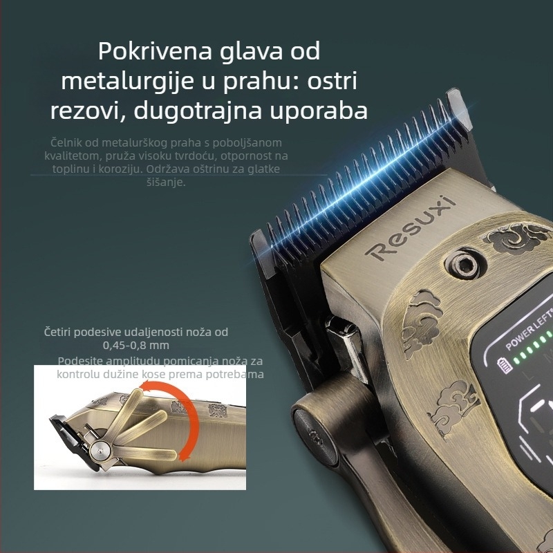 Resuxi električni šišač za kosu s glavom za rezanje od praškaste metalurgije, punjiv, veliki LCD zaslon, četkasti motor, oštrica od nehrđajućeg čelika, ugrađena baterija 1200–2000 mAh
