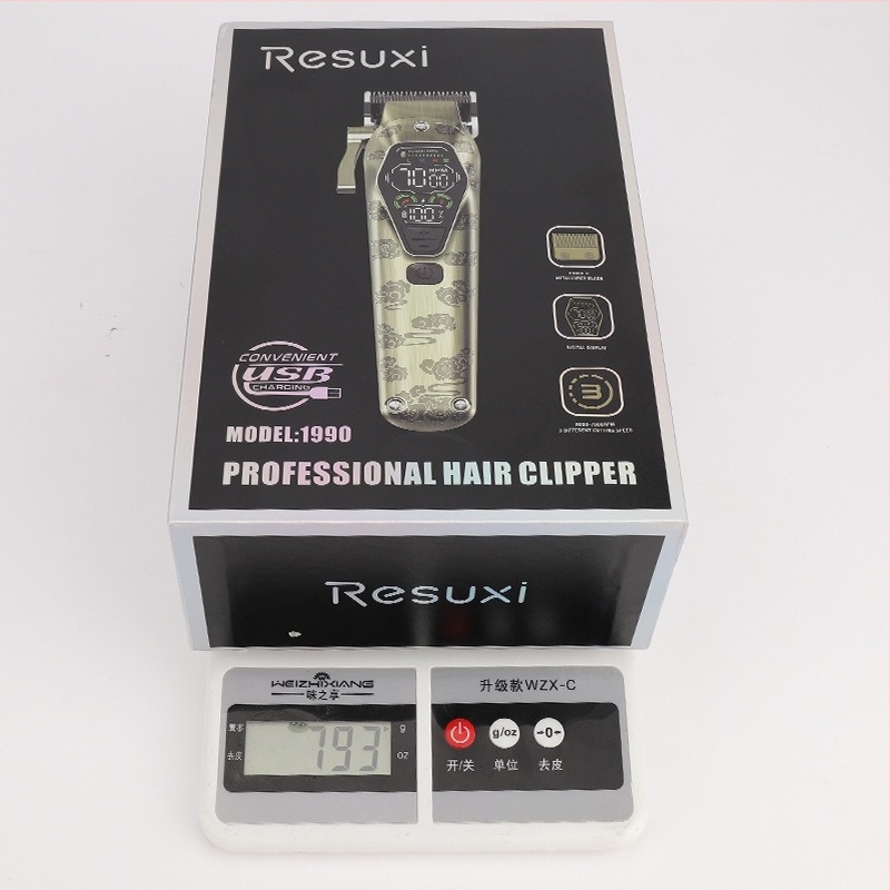 Resuxi električni šišač za kosu s glavom za rezanje od praškaste metalurgije, punjiv, veliki LCD zaslon, četkasti motor, oštrica od nehrđajućeg čelika, ugrađena baterija 1200–2000 mAh