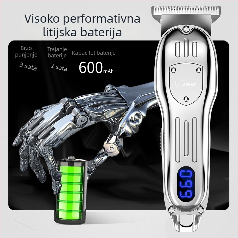 Šišač kose s LCD zaslonom, četkasti motor, oštrice od nehrđajućeg čelika, ugrađena baterija 500-800 mAh, trajanje 1-3 h
