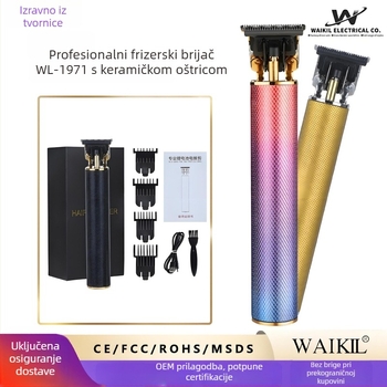 Električni uređaj za šišanje kose s keramičkom oštricom, četkasti motor, ugrađena baterija 100–300 mAh, autonomija 1–3 h, odvojiva periva oštrica, aluminijsko kućište