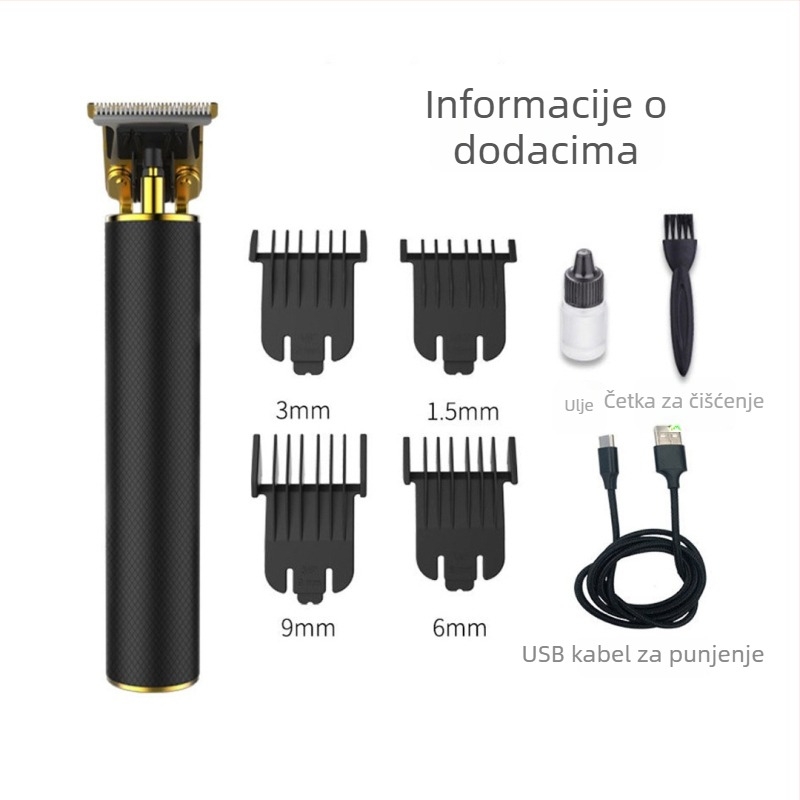 Električni uređaj za šišanje kose s keramičkom oštricom, četkasti motor, ugrađena baterija 100–300 mAh, autonomija 1–3 h, odvojiva periva oštrica, aluminijsko kućište