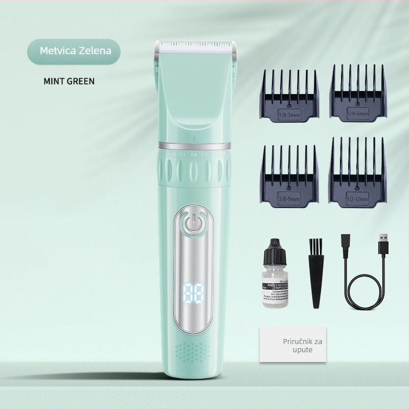 Električni češalj za kosu s USB napajanjem, ugrađena baterija 1000–1200 mAh, oštrica od nehrđajućeg čelika (izvadiva i periva), buka 36–45 dB