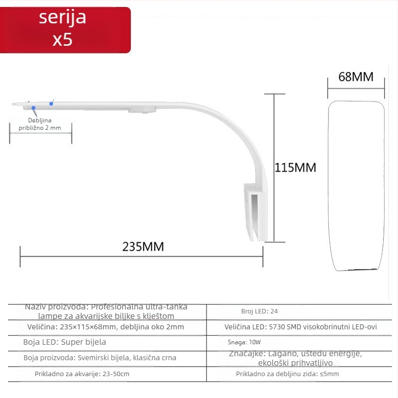 LED klip svjetiljka za akvarij za biljke, kompaktna i vodootporna, 5W, 0,3 kg, model X5, plastika, Small Tank