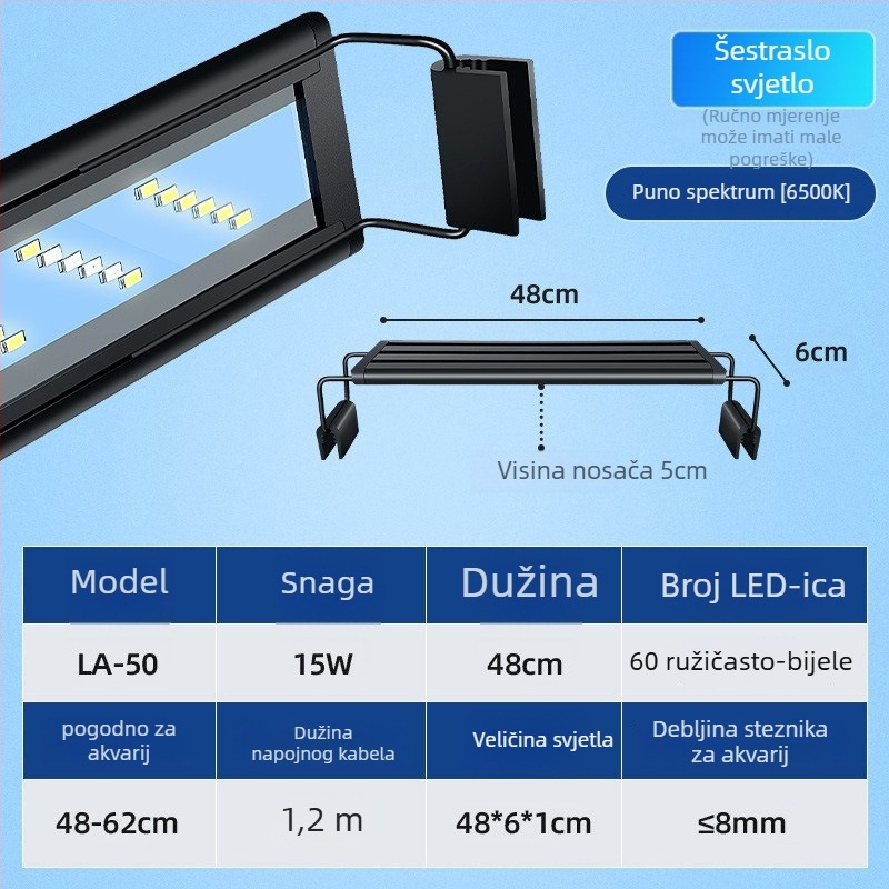 LED svjetlo za akvarij s nosačem, vodootporno osvjetljenje s punim spektrom za vodene biljke, 8–32 W, plast