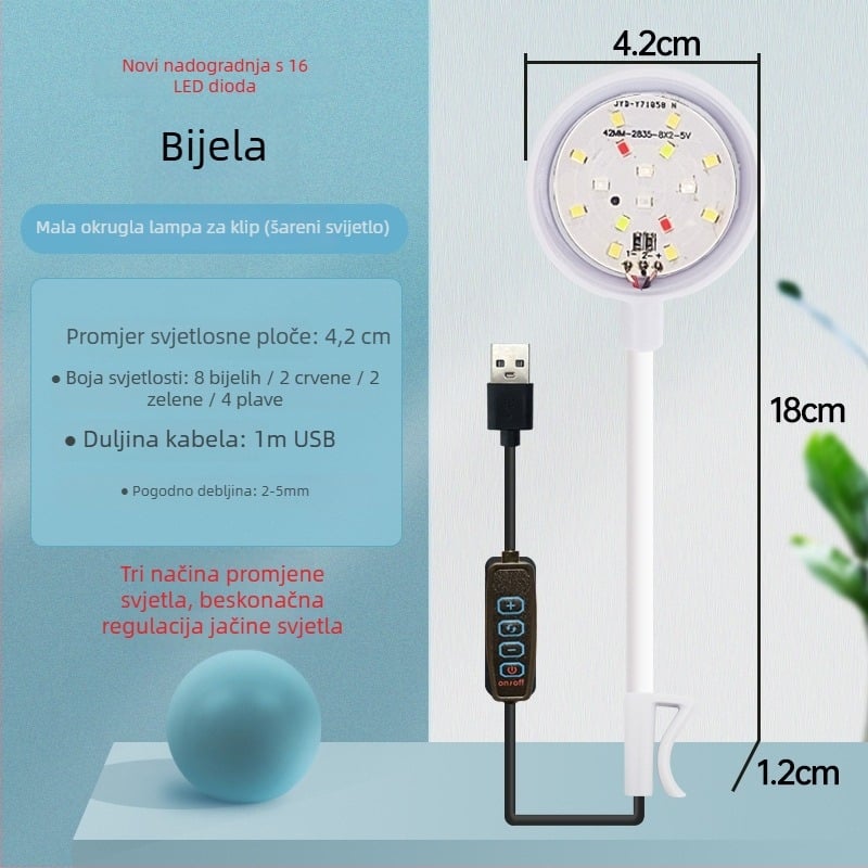 Klip svjetlo za akvarij - LED, USB napajanje, 3W, 70 g, osvjetljenje za vodene biljke