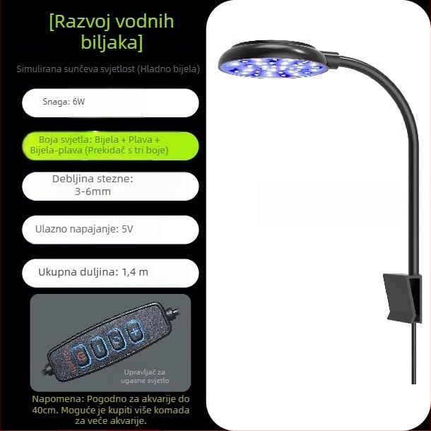 LED svjetlo za akvarij – 6W, USB klip-on, 360° rasvjeta, protiv algi, vodootporno kućište