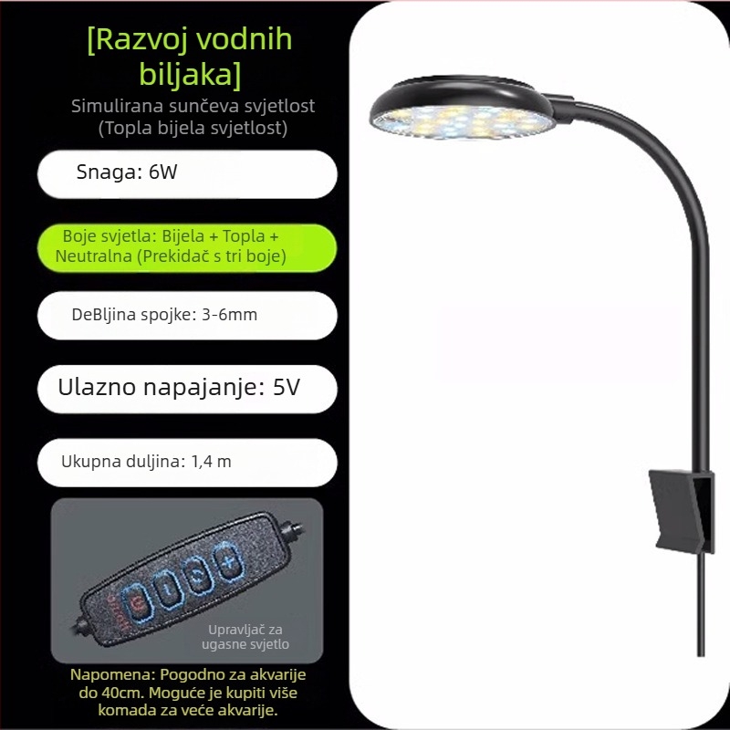 LED svjetlo za akvarij – 6W, USB klip-on, 360° rasvjeta, protiv algi, vodootporno kućište