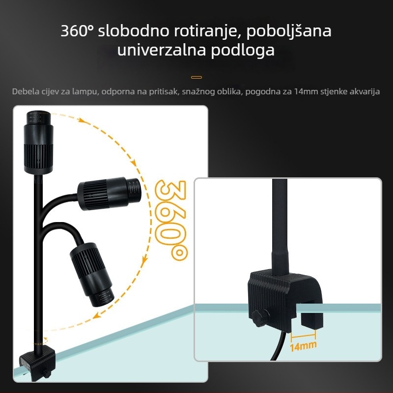 Akvarijsko LED svjetlo s klipom, vodootporno, puni spektar, prilagodljiv zum zraka, kućište od aluminijske legure, snaga 3W–12W