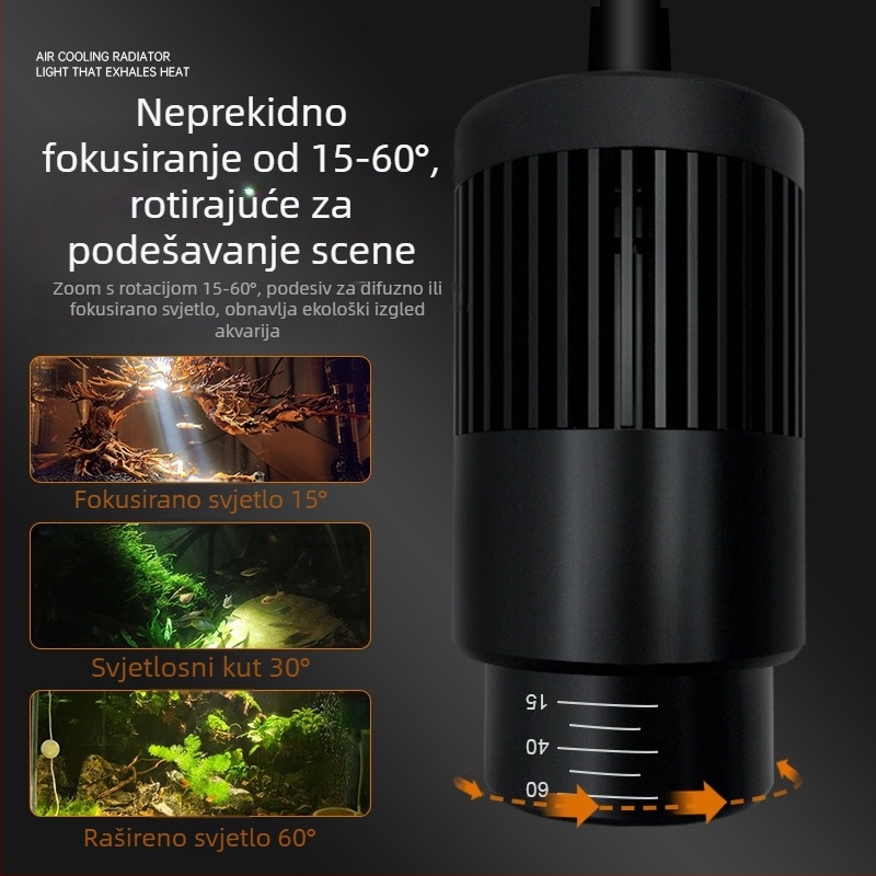 Akvarijsko LED svjetlo s klipom, vodootporno, puni spektar, prilagodljiv zum zraka, kućište od aluminijske legure, snaga 3W–12W