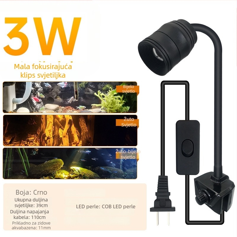 Akvarijsko LED svjetlo s klipom, vodootporno, puni spektar, prilagodljiv zum zraka, kućište od aluminijske legure, snaga 3W–12W