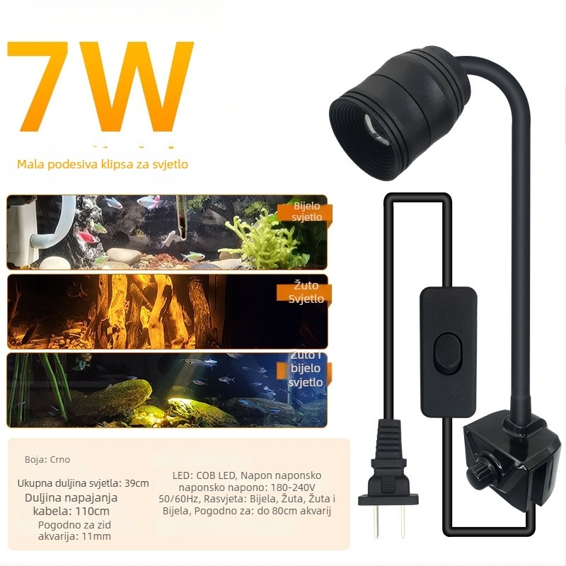 Akvarijsko LED svjetlo s klipom, vodootporno, puni spektar, prilagodljiv zum zraka, kućište od aluminijske legure, snaga 3W–12W