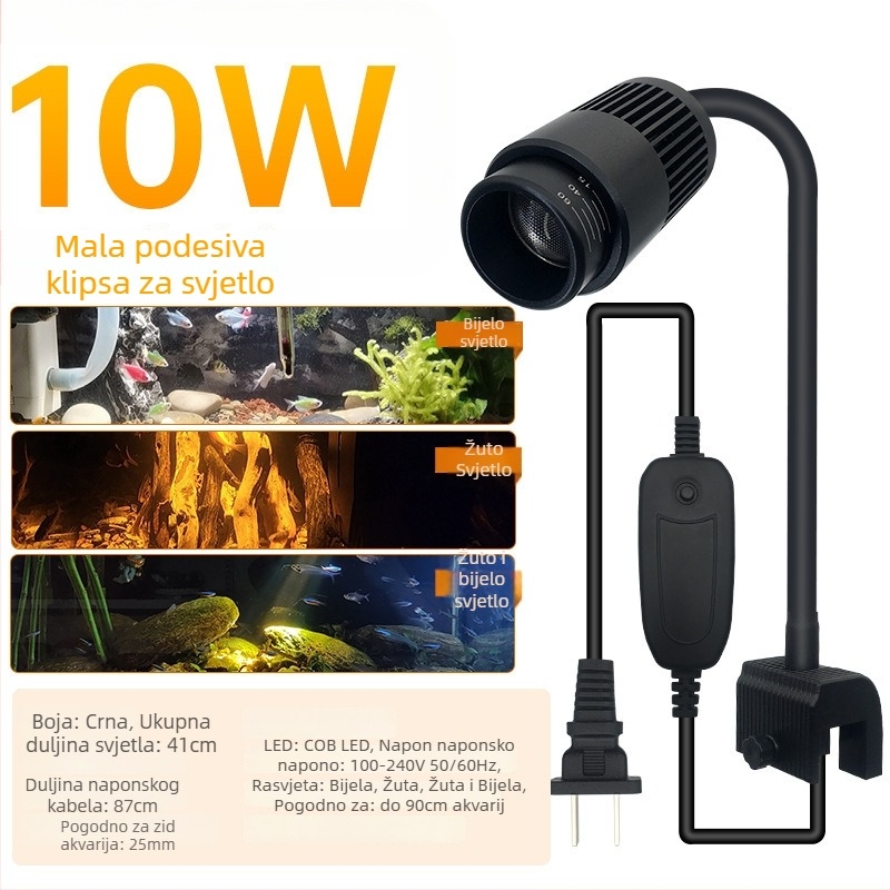 Akvarijsko LED svjetlo s klipom, vodootporno, puni spektar, prilagodljiv zum zraka, kućište od aluminijske legure, snaga 3W–12W