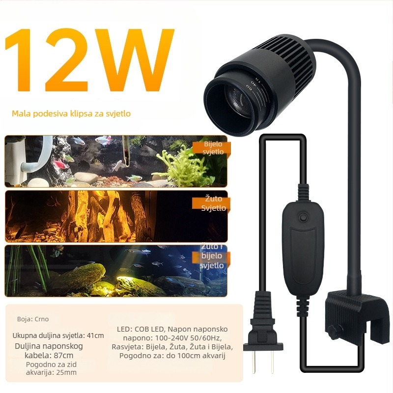 Akvarijsko LED svjetlo s klipom, vodootporno, puni spektar, prilagodljiv zum zraka, kućište od aluminijske legure, snaga 3W–12W