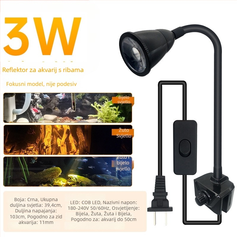 Akvarijsko LED svjetlo s klipom, vodootporno, puni spektar, prilagodljiv zum zraka, kućište od aluminijske legure, snaga 3W–12W