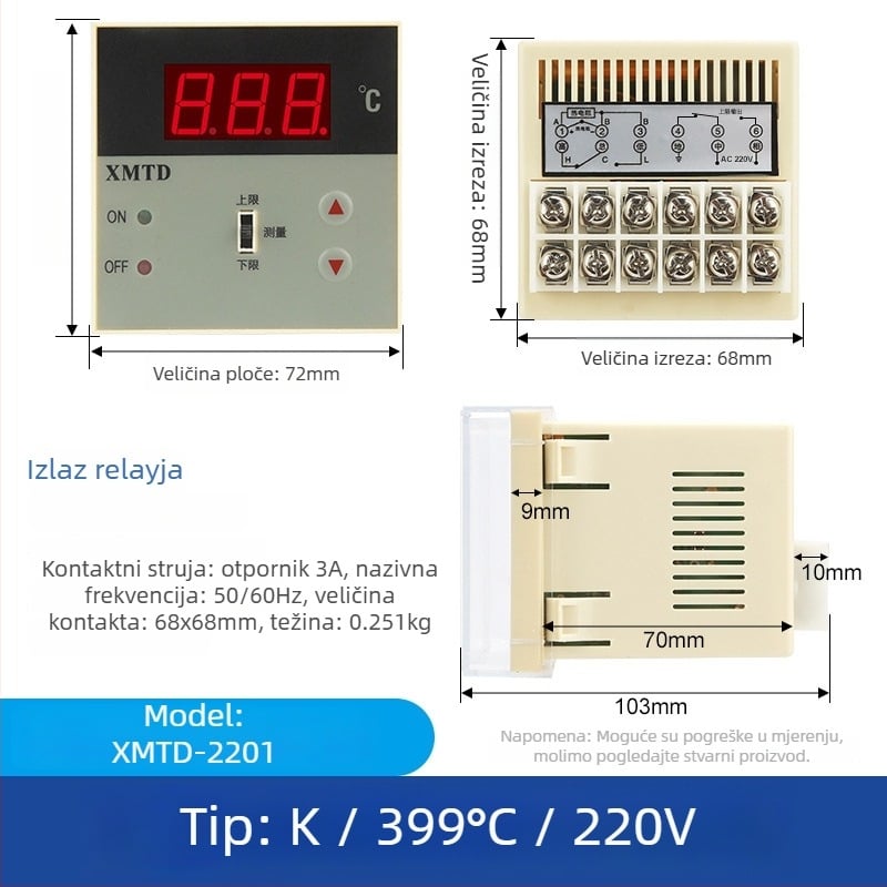 Dvostruki digitalni regulator temperature s prikazom (XMTD2201/2202; fiksna ugradnja; 220V)