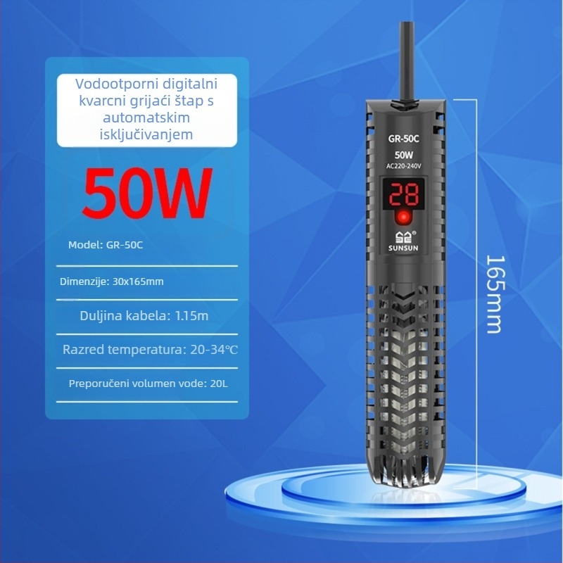 Akvarijska grijačka šipka s digitalnim zaslonom, kvarcna cijev, automatski termostat, GR serija, 50–500 W, Jialu