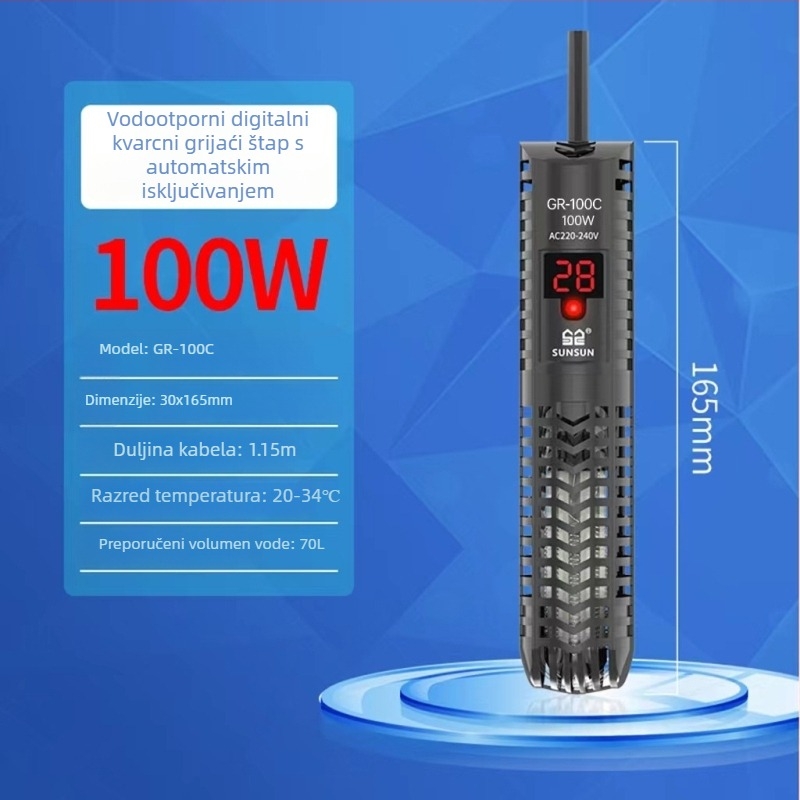 Akvarijska grijačka šipka s digitalnim zaslonom, kvarcna cijev, automatski termostat, GR serija, 50–500 W, Jialu