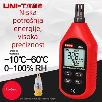Digitalni mjerač temperature i vlage, industrijske klase, s USB prijenosom i softverom; rezolucija 0.1°C/0.1%RH, točnost temperatura ±1°C, točnost vlage ±5%, napajanje četiri alkalne baterije od 1.5V