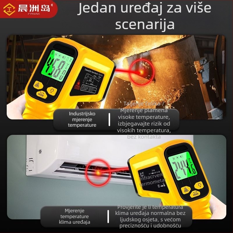 Ručni infracrveni termometar za industrijsku upotrebu, odziv 0,5 s, napajanje baterijama 2×1,5 V