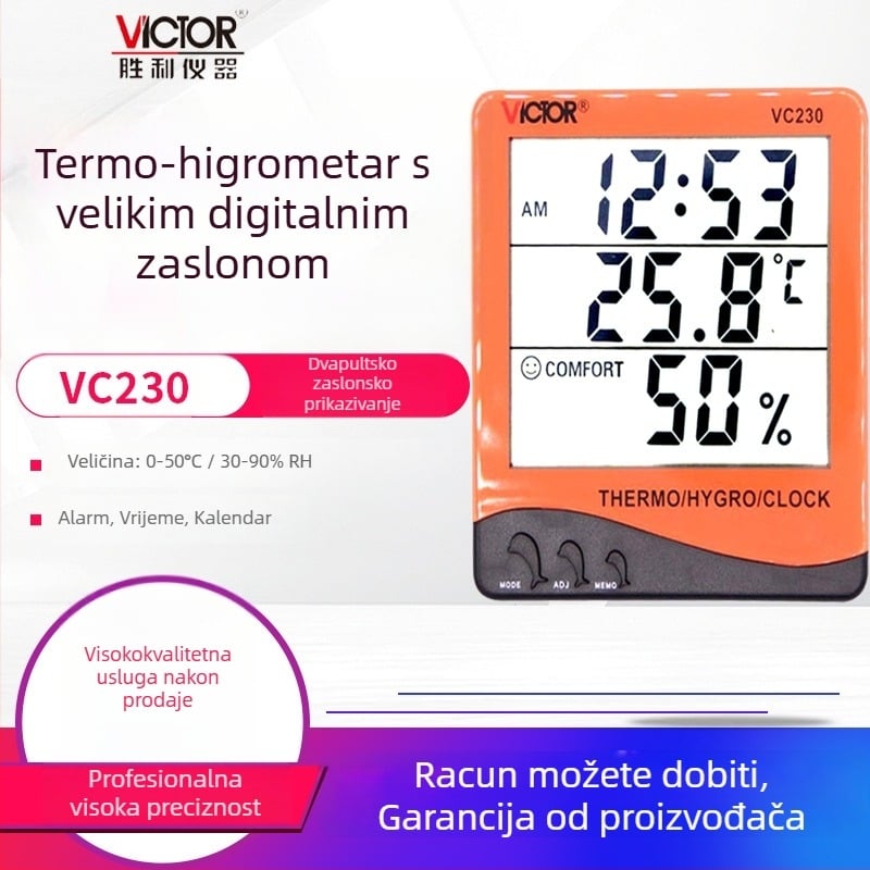 Veliki zaslon termometar i higrometar s budilicom i kalendarom VC230/VC230A/VC330, mjerenje temperature 0-50°C, vlaga 30-90% RH, rezolucija 0.1