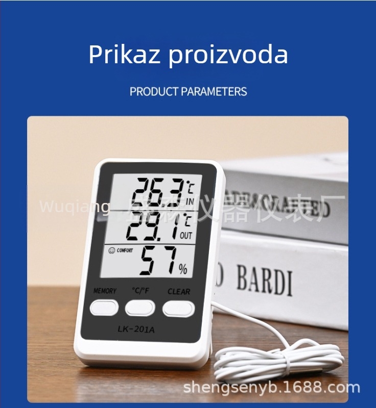 LK-201A elektronički higrometar i dvostruki termometar za hladnjak i akvarij, s kabelskim senzorom, rezolucija 0,1°C, greška temperature ±1,0°C, greška vlage ±5% RH, napajanje AAA