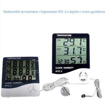 Termohigrometar za unutarnju/vanjsku temperaturu i unutarnju vlagu — točnost temperature ±1°C, točnost vlage ±5%, napajanje baterijom tipa 7