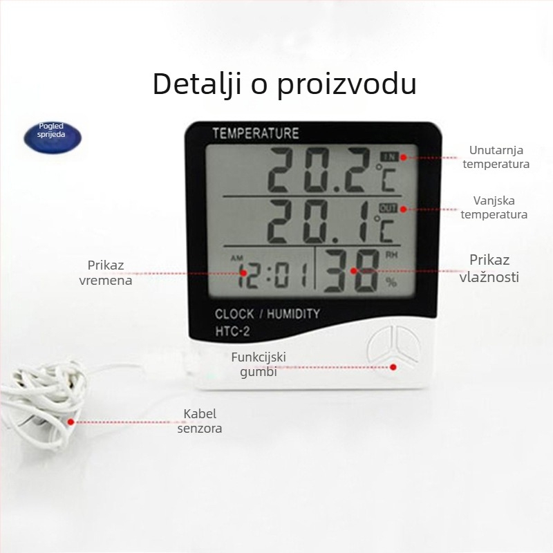 Termohigrometar za unutarnju/vanjsku temperaturu i unutarnju vlagu — točnost temperature ±1°C, točnost vlage ±5%, napajanje baterijom tipa 7