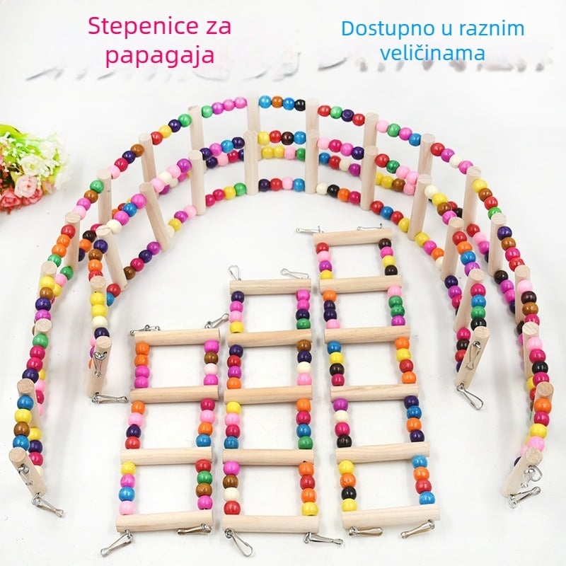 Drveni stalak za ptice s penjačkom ljestvicom, ljuljačkom i igračkom za žvakanje