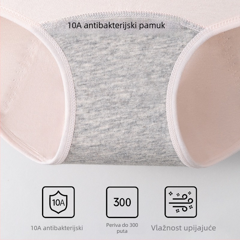 Ženske menstrualne gaćice s antibakterijskom zaštitom, 3-slojna zaštita od curenja, visoki struk; glavni materijal 95% pamuk, podstava prepona 100% pamuk