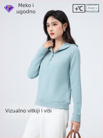 Ženska mikina s pola zatvaračem i kapuljom, brushirana debela velur tkanina, smjesa vlakana regenerirane celuloze i akrila, regular fit, dugi rukavi