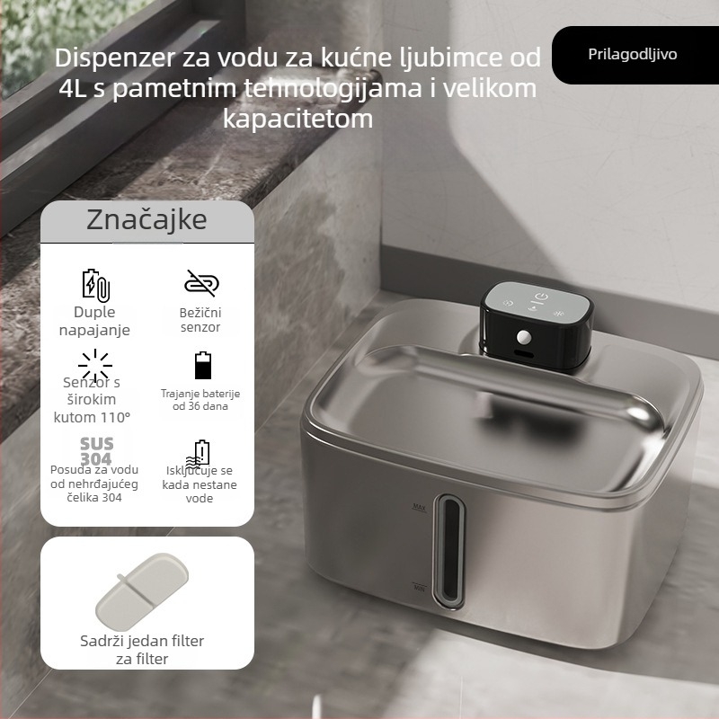 Dispenzer za vodu za kućne ljubimce od nehrđajućeg čelika, dvomodno napajanje, kapacitet 4 L, odvojiv, pogodan za pse i mačke, model YPD-C016