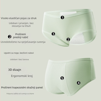 Ženske pamukaste menstrualne gaćice s antibakterijskom zaštitom – srednji pojas, glavni materijal 95% pamuk, podstava prepona 100% pamuk, jednobojni uzorak, prozračno