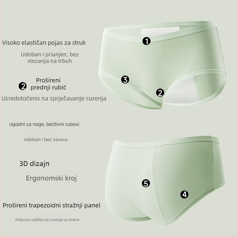 Ženske pamukaste menstrualne gaćice s antibakterijskom zaštitom – srednji pojas, glavni materijal 95% pamuk, podstava prepona 100% pamuk, jednobojni uzorak, prozračno