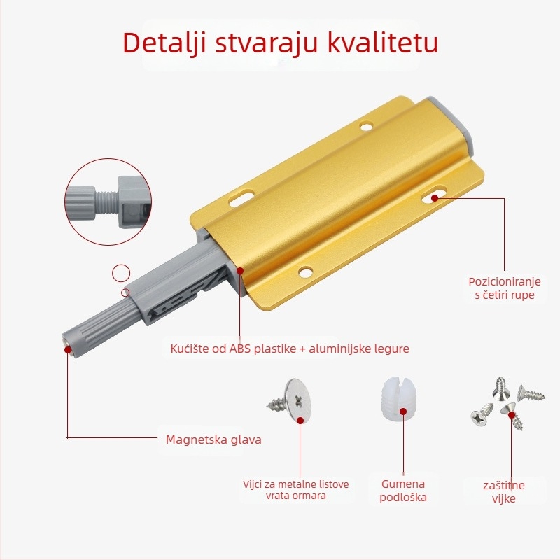 Aluminijski amortizer za vrata ormara i ladice — bez ručke, samoodbojni mehanizam, elektroplatirani završni sloj