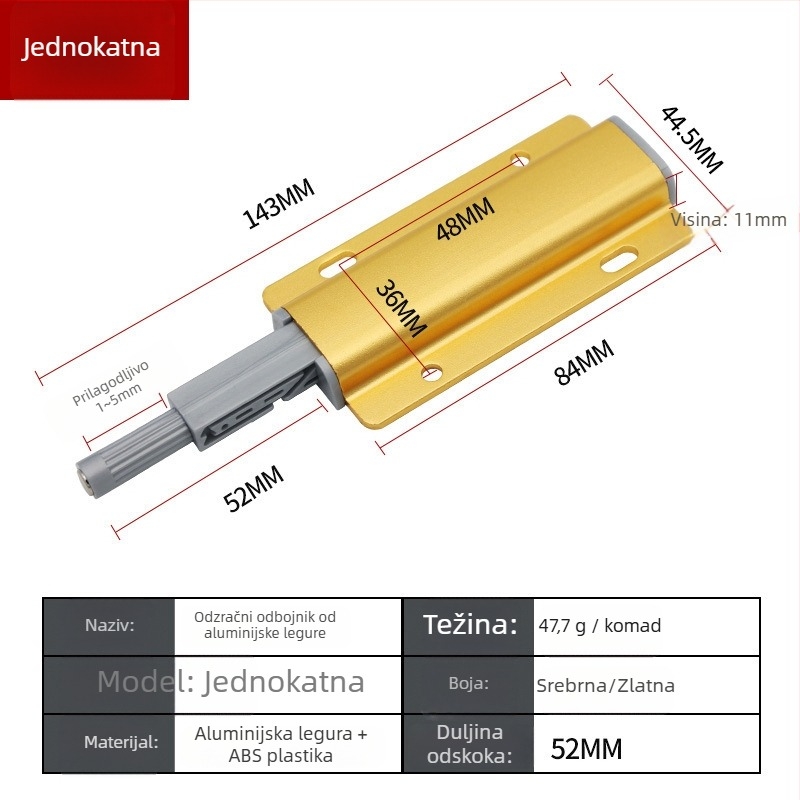 Aluminijski amortizer za vrata ormara i ladice — bez ručke, samoodbojni mehanizam, elektroplatirani završni sloj