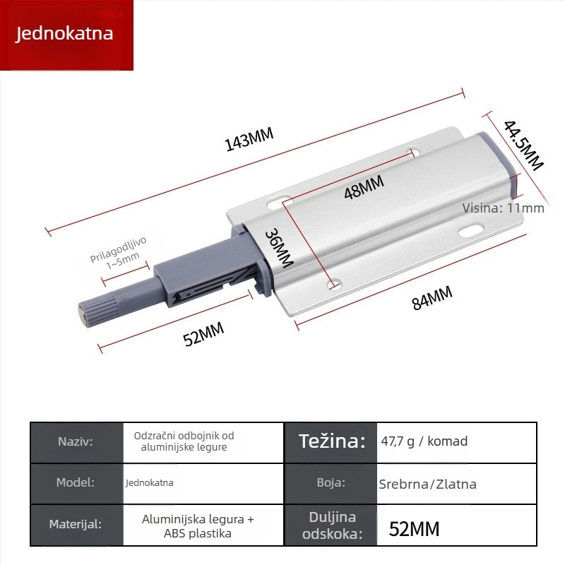 Aluminijski amortizer za vrata ormara i ladice — bez ručke, samoodbojni mehanizam, elektroplatirani završni sloj