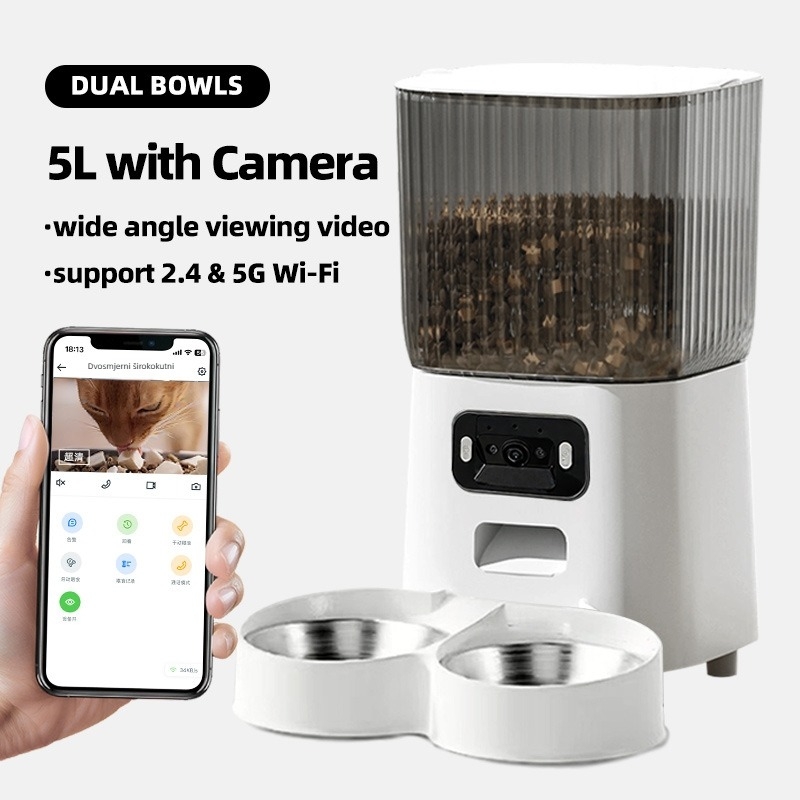 Automatska hranilica za kućne ljubimce s širokokutnim videom, dvobandna 5G veza, vremensko i dozirano hranjenje, upravljanje putem aplikacije, odvojiva, za pse i mačke