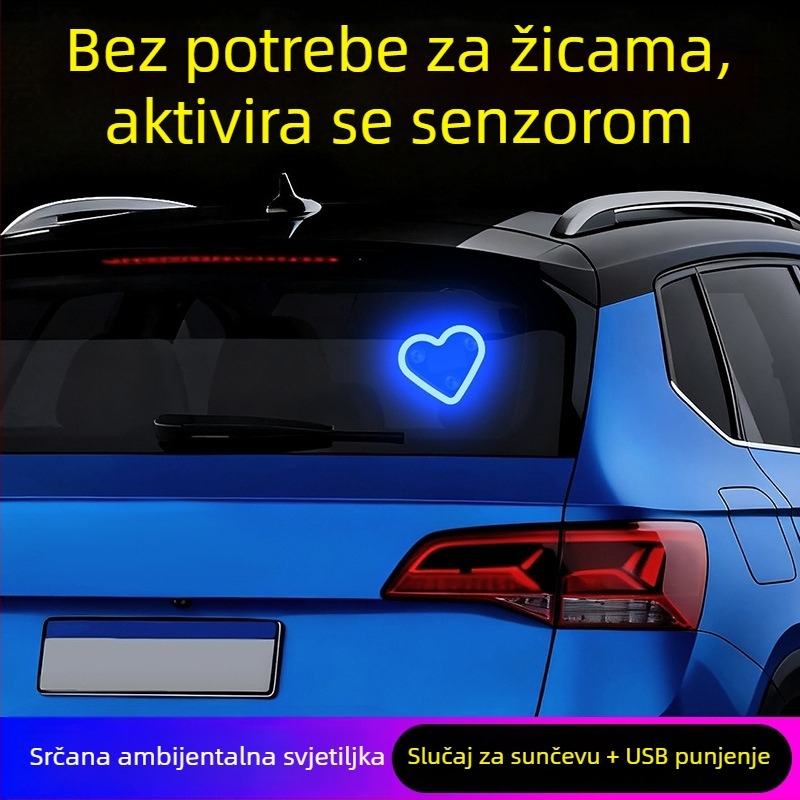 Automobilska LED svjetiljka za C-stub, trokutasti srce oblik, bežični neonski sjaj, ABS materijal, 0,5 W pri 5 V, pričvršćivanje pomoću usisne čašice, univerzalna kompatibilnost