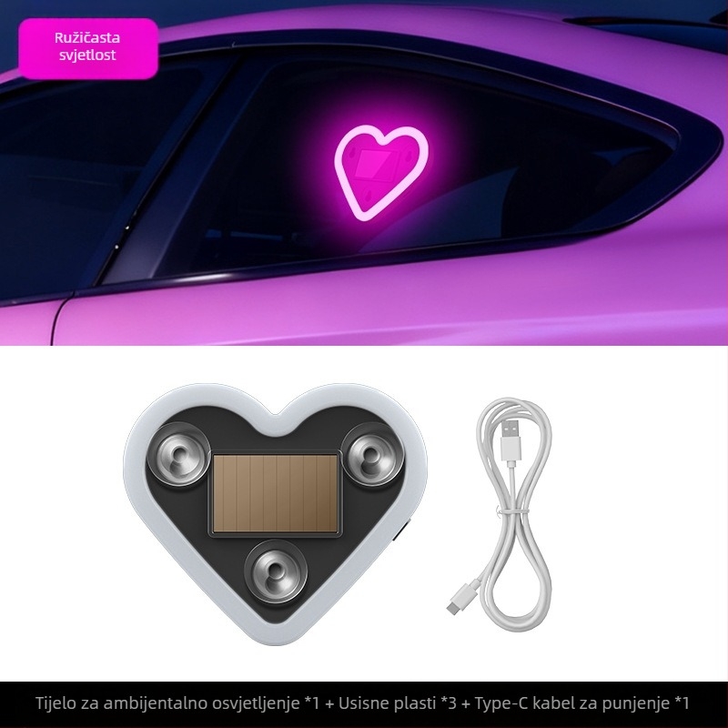 Automobilska LED svjetiljka za C-stub, trokutasti srce oblik, bežični neonski sjaj, ABS materijal, 0,5 W pri 5 V, pričvršćivanje pomoću usisne čašice, univerzalna kompatibilnost