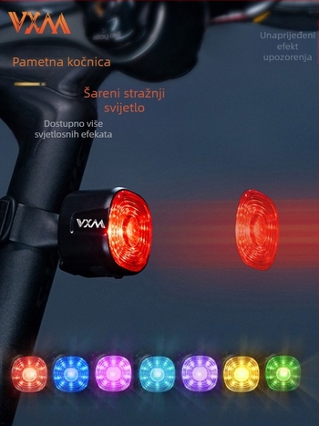Zadnje svjetlo za bicikl s inteligentnim senzorom i upozoravajućim kočenjem, USB punjenje, 250 mAh baterija, 6 načina, VXM