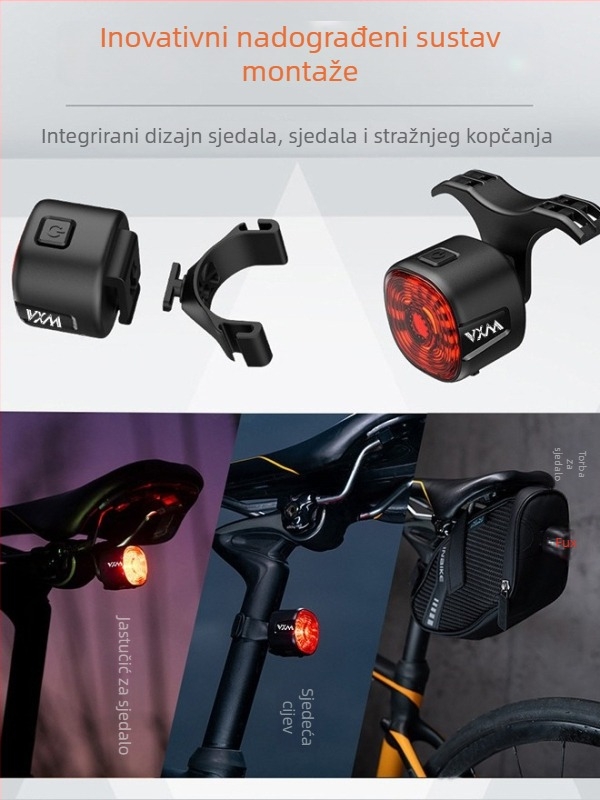 Zadnje svjetlo za bicikl s inteligentnim senzorom i upozoravajućim kočenjem, USB punjenje, 250 mAh baterija, 6 načina, VXM